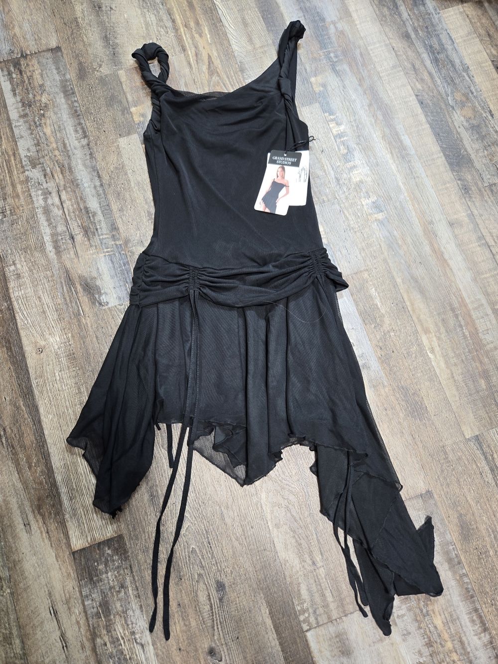 Black Asymmetrical Handkerchief-Hem Dress with Twisted Straps